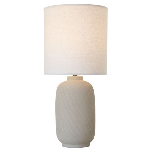 Beige ceramic lamp with natural linen shade, 63 cm tall, creating a cozy and inviting ambiance in any room.