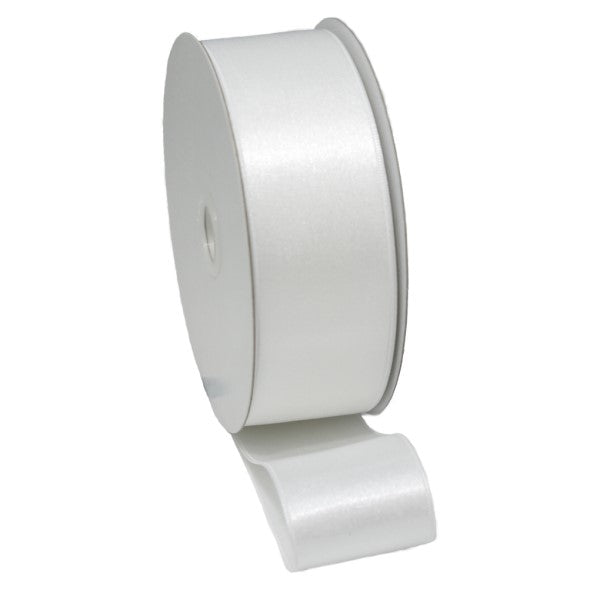 Premium white nylon double face satin ribbon, 38mm wide and 30m long, perfect for elegant crafting and decor.