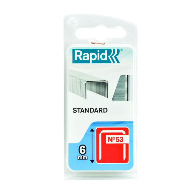 2500 galvanized Rapid Staples 53/6 Mini for discreet stapling of up to 20 sheets, ideal for home, office, and textiles.