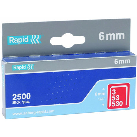 Box of 2500 Rapid Staples 53/6, fine wire staples for seamless stapling in various materials, featuring 6mm leg length and corrosion protection.