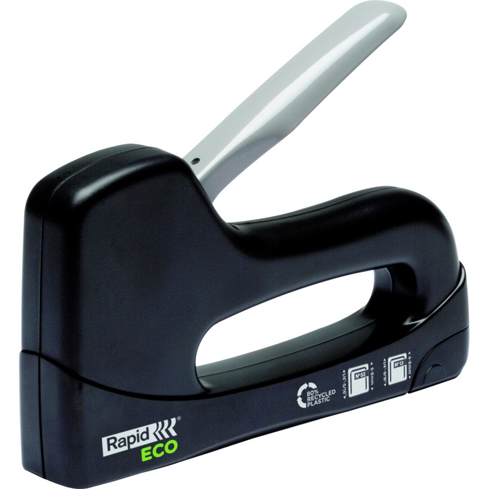 Sleek black staple gun made from recycled materials, ideal for eco-friendly home and professional projects.