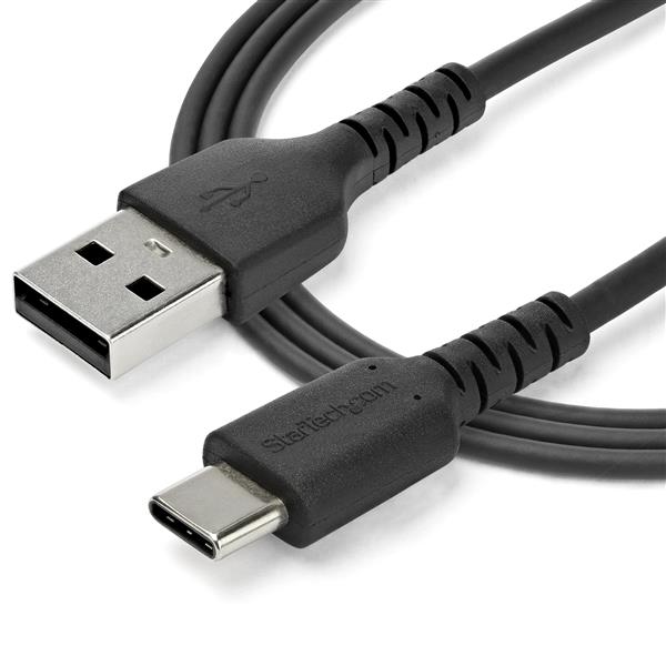 1m USB A to USB C charging cable in black, featuring durable aramid fiber for high-performance charging and data transfer.