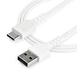 White 2m USB A to USB C charging cable with aramid fiber reinforcement for durability, 60W power, and fast data transfer.