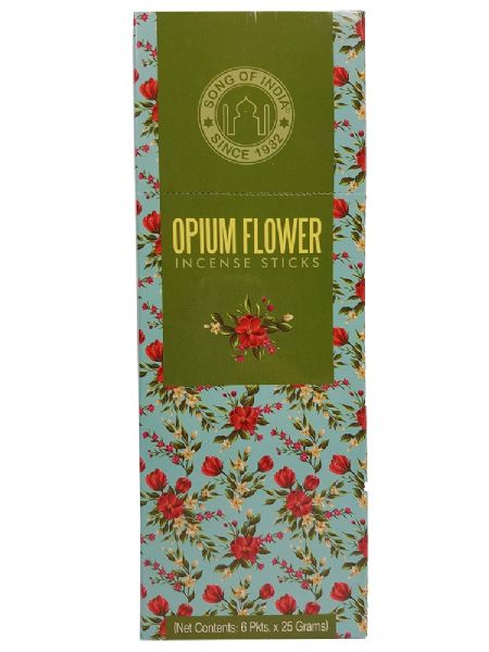 A 20g pack of Song of India Opium Incense sticks, hand-rolled for a calming aroma and minimal smoke, ideal for meditation.