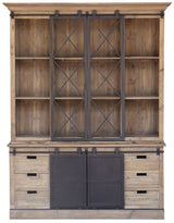 Rustic reclaimed pine wall unit with sliding barn doors, featuring 6 drawers and 3 shelves, perfect for stylish storage.