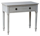 Cream distressed pine console table with a single drawer and metal handles, perfect for stylish storage and display.