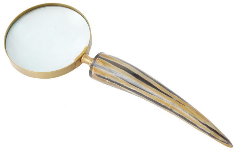 Elegant brass aluminium magnifier with horn handle, measuring 29cm, ideal for light use and stylish home decor.