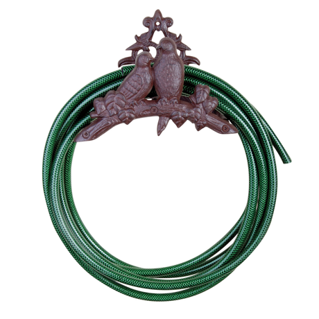 Handcrafted cast iron hose holder featuring two birds on a branch, ideal for organizing hoses while enhancing garden decor.