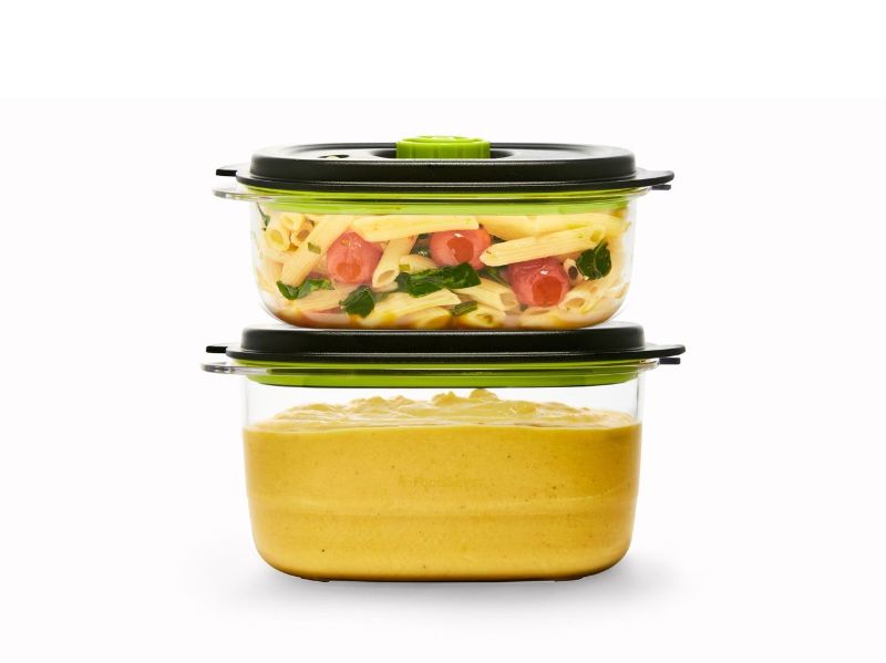 Set of 2 BPA-free FoodSaver containers with airtight design for marinating and preserving food, microwave and dishwasher safe.