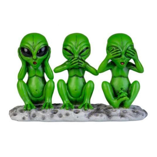 Whimsical ornament featuring three vibrant green aliens inspired by the 3 Wise Monkeys, crafted from durable polyresin.