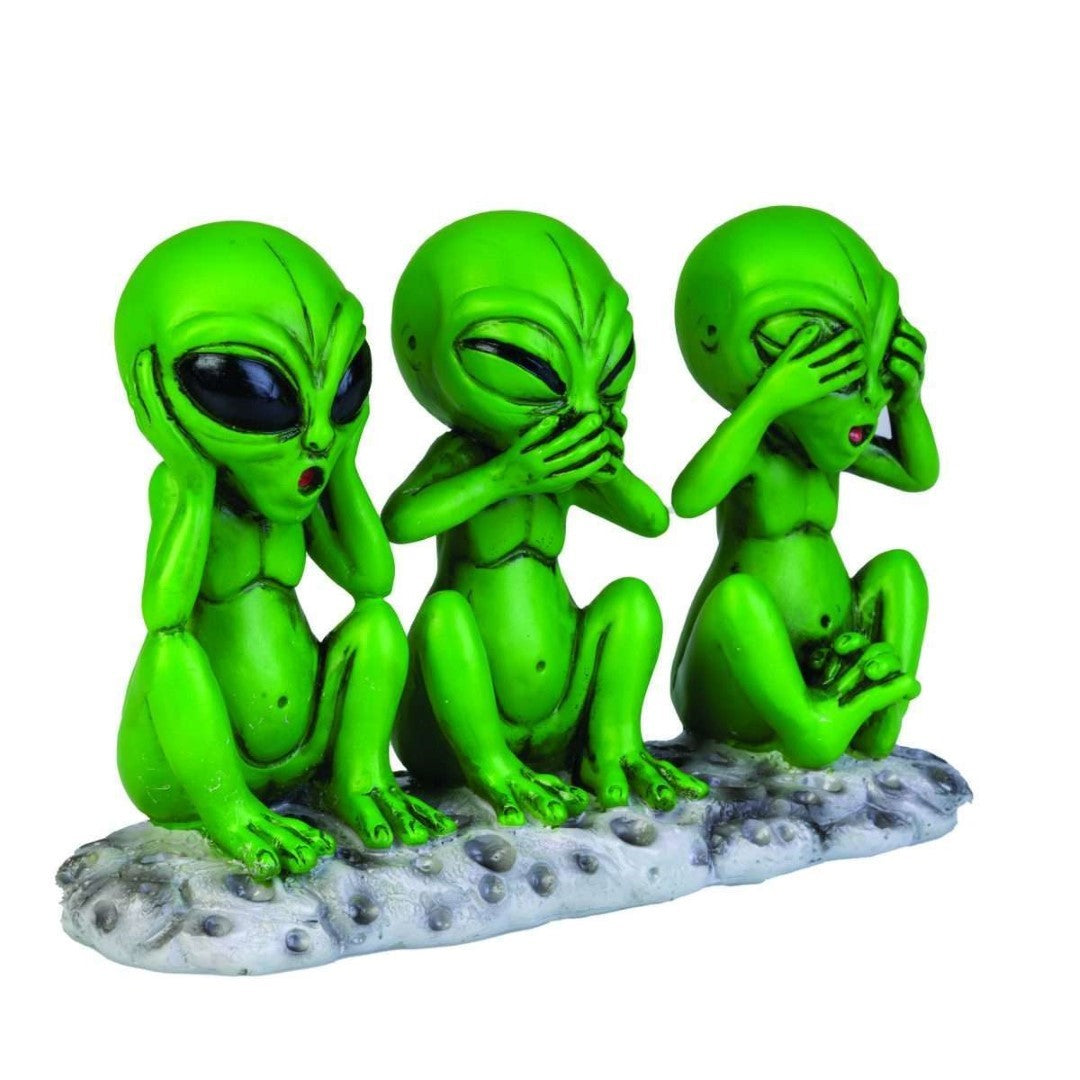 Whimsical polyresin ornament featuring three vibrant green aliens inspired by the 3 Wise Monkeys.