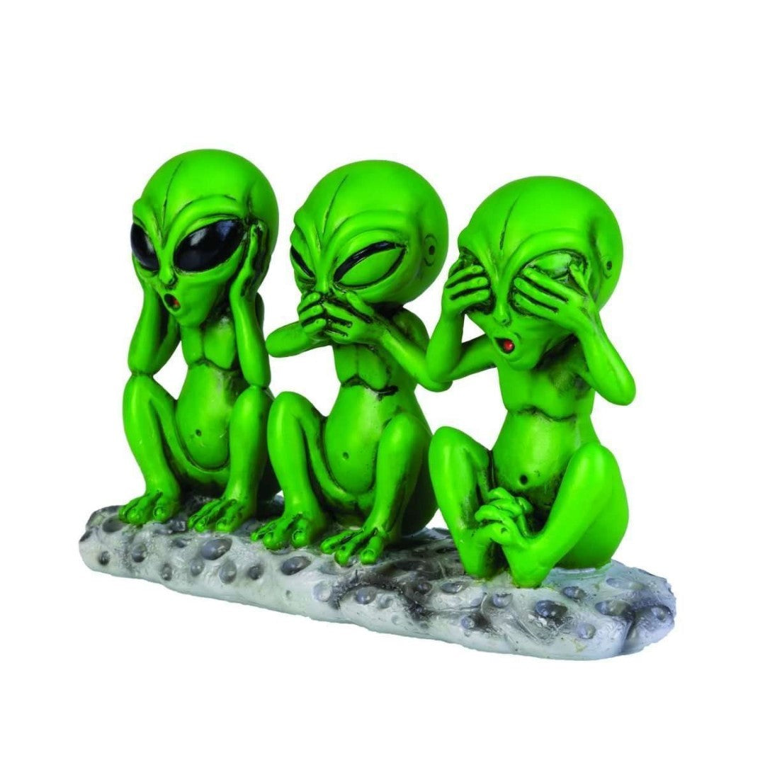 Whimsical ornament featuring three vibrant green aliens inspired by the 3 Wise Monkeys, crafted from sturdy polyresin.