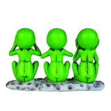 Whimsical ornament featuring a trio of vibrant green aliens inspired by the 3 Wise Monkeys, crafted from sturdy polyresin.