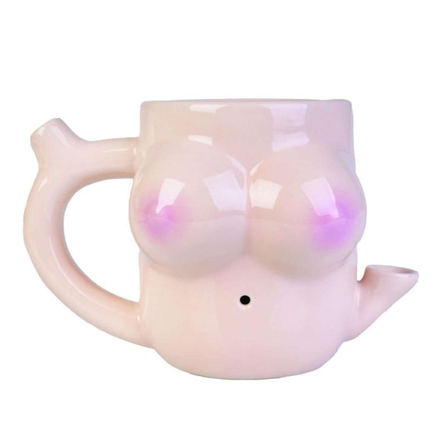 Novelty peach-toned mug with a functional water pipe for coffee and smoking, perfect for cannabis and coffee enthusiasts.