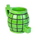 Unique grenade-shaped coffee mug with dual function for enjoying coffee and smoking, 350ml capacity.