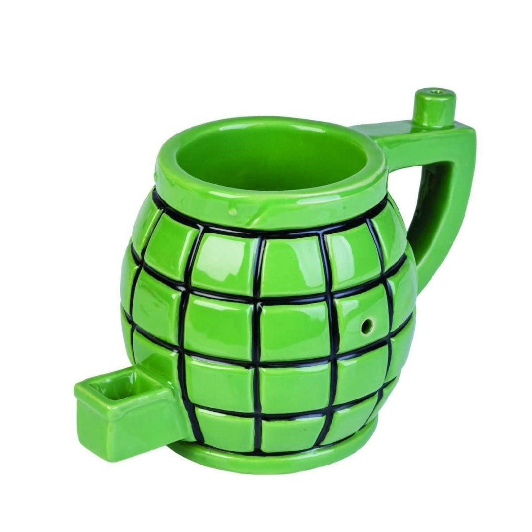 Unique grenade-shaped coffee mug with a water pipe for dual enjoyment of beverages and smoking.