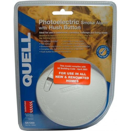 Smoke Alarm Quell 307 with photoelectric sensor and hush button, designed for effective smoke detection in bedrooms and hallways.