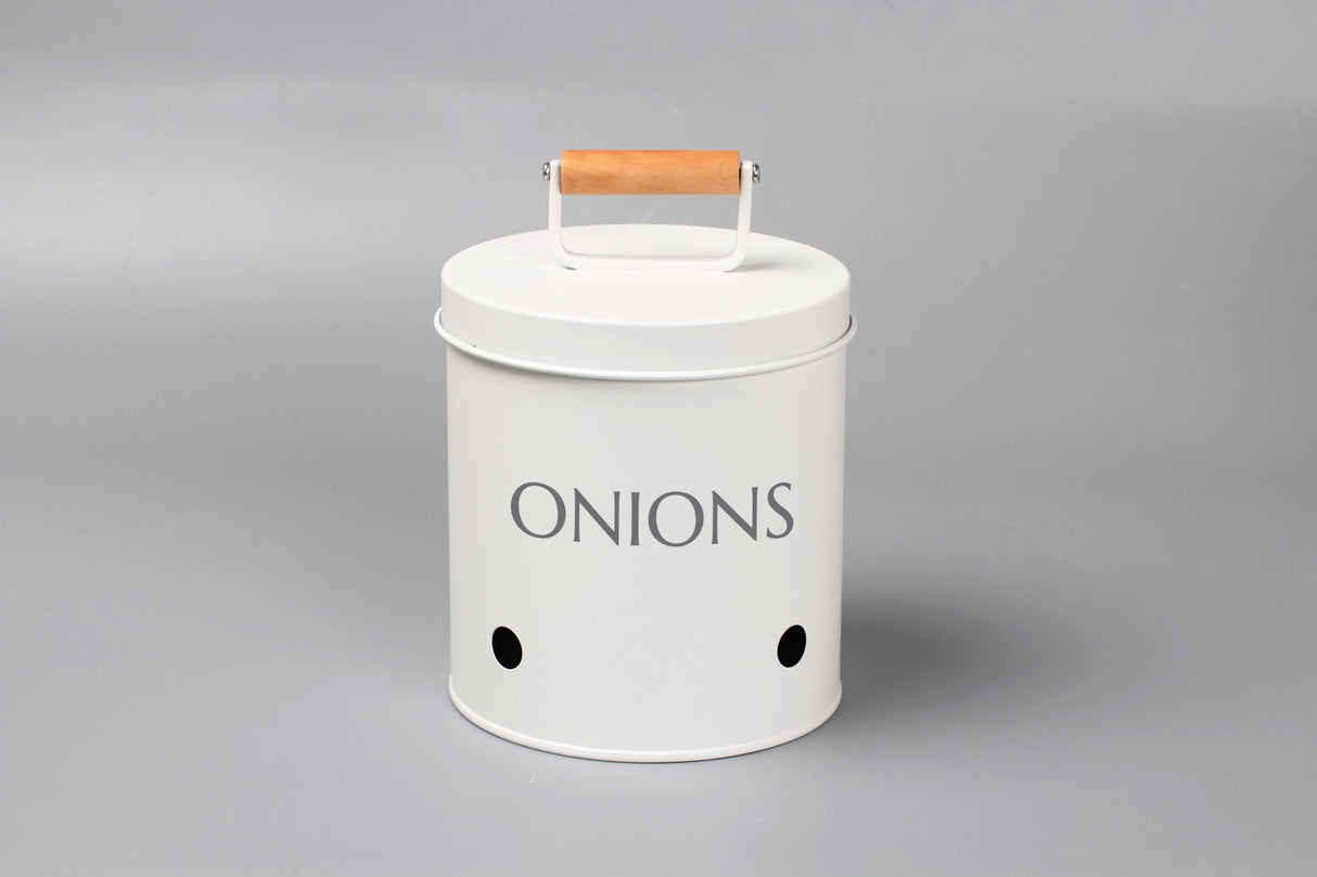 Stylish galvanized metal storage bin for onions with a wooden handle lid and ventilation holes for freshness, 14cm diameter.