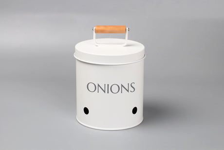 Stylish galvanized metal storage bin for onions with a wooden handle lid and ventilation holes for freshness, 14cm diameter.