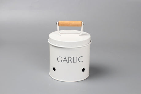 Stylish Rockingham garlic storage bin with metal lid, wooden handle, and ventilation holes for freshness, compact and durable.