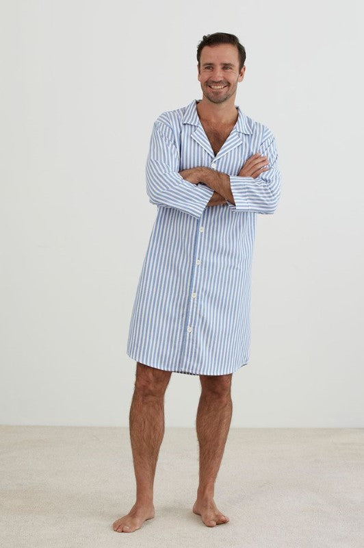 Blue and white striped large nightshirt by BAKSANA, featuring a classic collar, long sleeves, and breast pocket, made from 100% cotton.