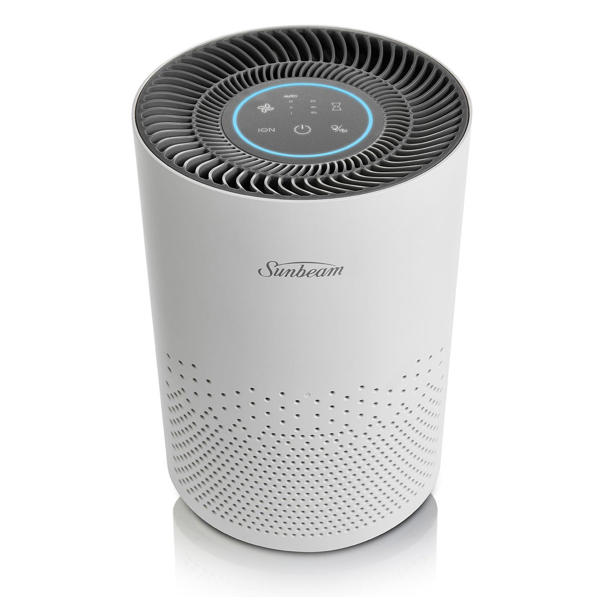 360 air purifier in white with LED air quality sensor and 4-stage filtration for small rooms up to 30m².