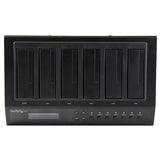 USB 3.0/eSATA 6-Bay Duplicator Dock for efficient 1:5 HDD/SSD cloning and erasing with built-in LCD display.