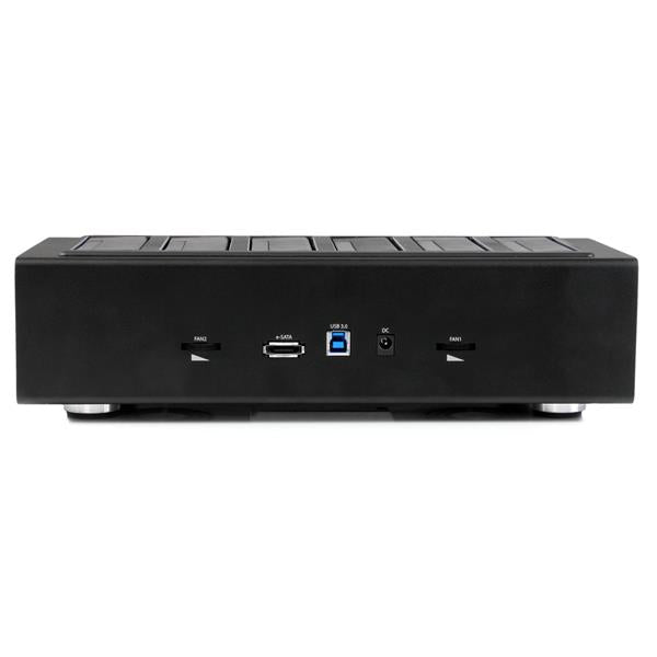 USB 3.0/eSATA 6-Bay duplicator dock for efficient 1:5 cloning and erasing of 2.5" and 3.5" SATA drives with LCD display.