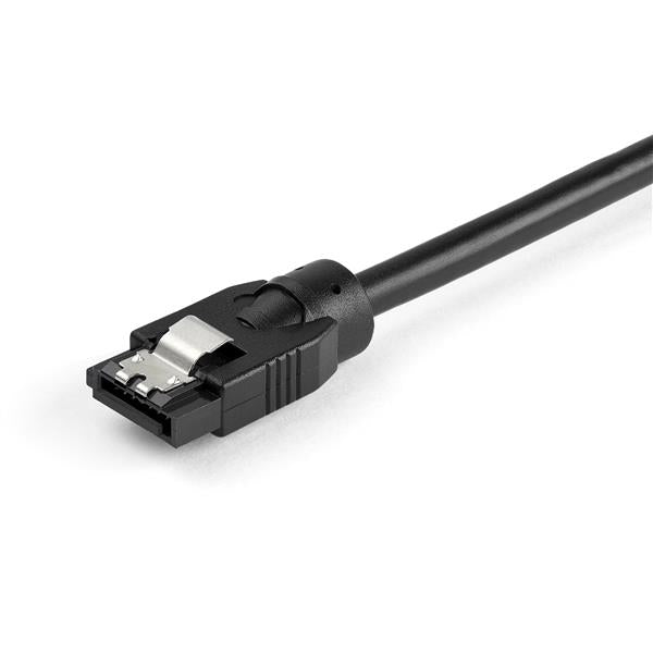 0.6m round SATA cable with latching connectors, designed for secure, high-speed connections and improved airflow in systems.