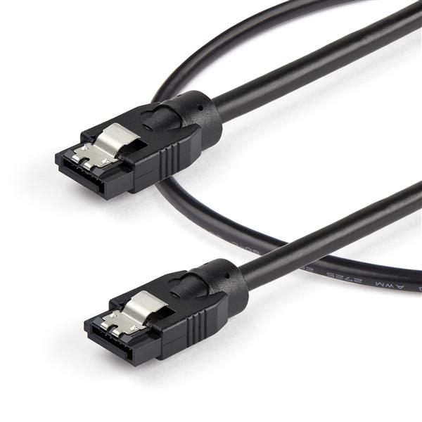 0.6 m round SATA cable with latching connectors, designed for secure connections and improved airflow for high-performance systems.