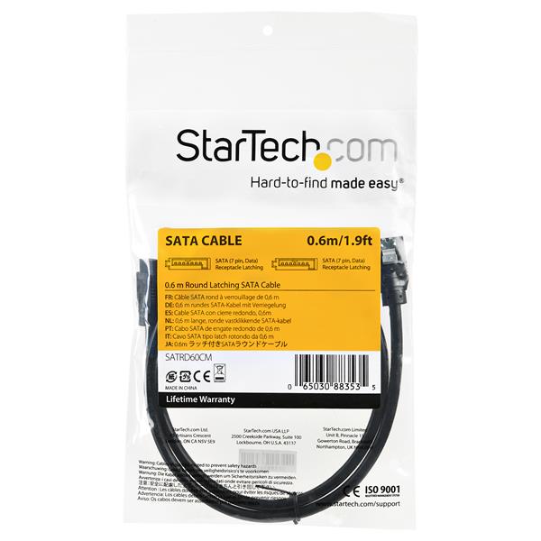 0.6 m round SATA cable with latching connectors, designed for secure, high-speed data transfer and improved airflow in systems.