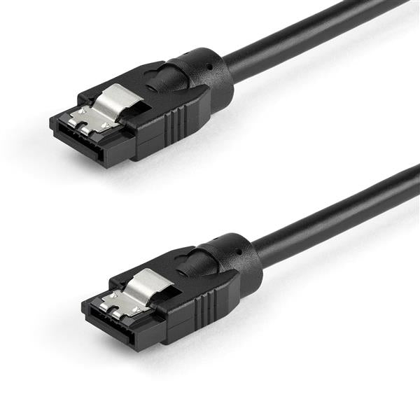 0.6 m round SATA cable with latching connectors for secure connections and improved airflow, supporting up to 6 Gbps data transfer.