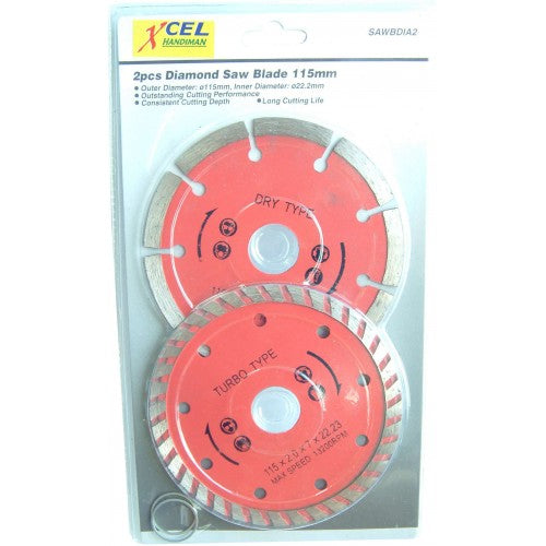 Diamond Circular Saw Blade Set featuring 2 versatile 115mm blades for cutting concrete, masonry, metal, and more, efficient at 13,200 RPM.