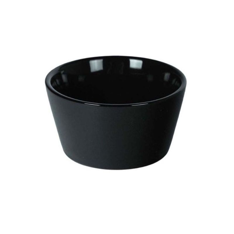 Elegant black ceramic ramekin, 9.4 cm diameter, perfect for serving appetizers or desserts at any dining occasion.