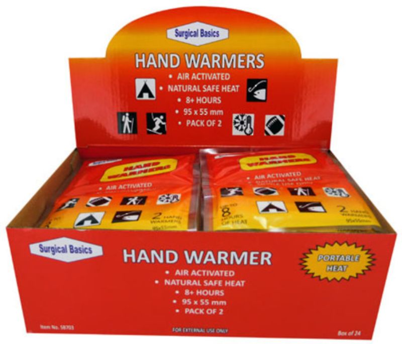 Surgical Basics Hand Warmer 2pk Display: 24pcs of pocket-sized, air-activated warmers for 8+ hours of natural heat.