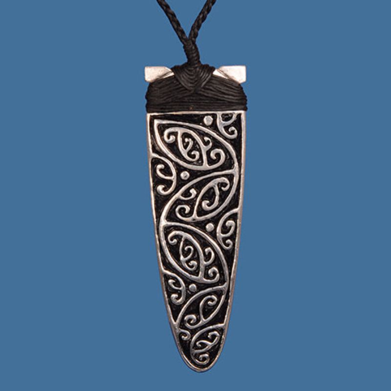 Silver plated Maori Toki pendant, 100mm tall, symbolizes strength with an adjustable wax cord for versatile wear.
