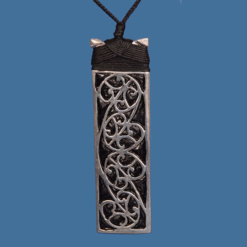 Silver Plated Maori Adze Pendant, handcrafted brass with traditional binding, versatile wax cord, celebrating Maori heritage.