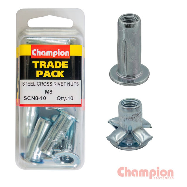 Champion Steel Cross Rivet Nuts - M8 pack of 10, featuring flange head for strong grip, 8mm size, and compatible with 12mm holes.