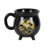 Imbolc Colour Changing Cauldron Mug featuring a yellow dragon and sabbat symbols, perfect for hot beverages and collectors.