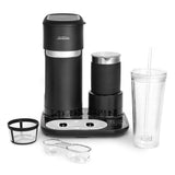 Sunbeam Iced + Hot Coffee Maker in sleek black, brewing versatile hot and iced coffee with included tumbler and frothing pitcher.