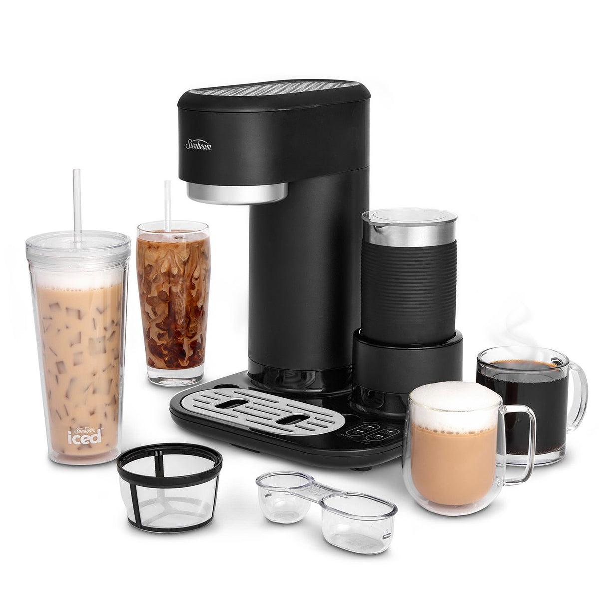 Sunbeam Iced + Hot Coffee Maker brews versatile cafÉ-style coffee, featuring a sleek black design and included frothing accessories.