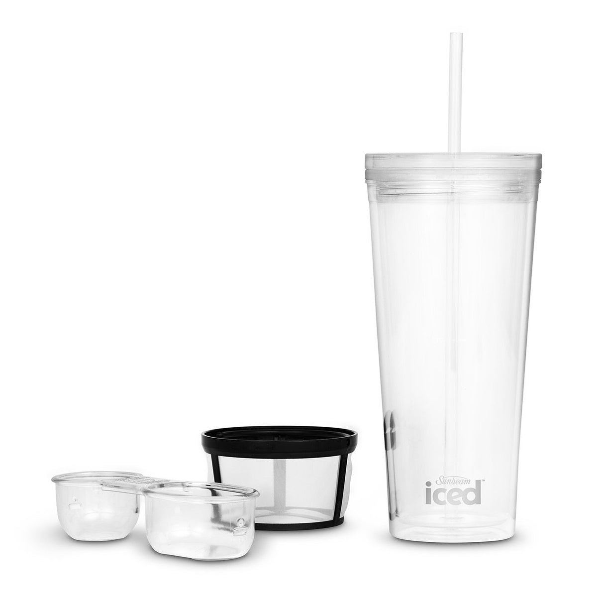 Compact black Sunbeam Iced + Hot Coffee Maker brews delicious hot or iced coffee, featuring a frother and reusable tumbler.