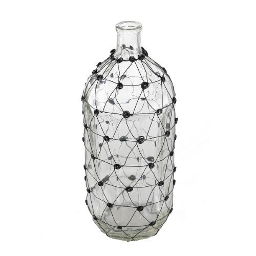 Tall glass and black wire vase, 18x18x46cm, ideal for displaying flowers in modern and industrial decor settings.