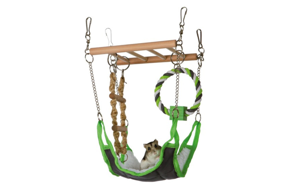 Suspension bridge and hammock set designed for small rodents, featuring a wooden ladder and soft nylon-like hammock.