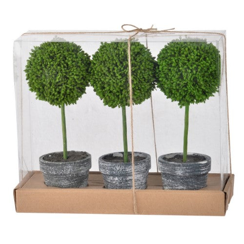 Set of 3 mini faux topiaries, crafted from plastic and metal, perfect for adding lifelike greenery to any indoor space.