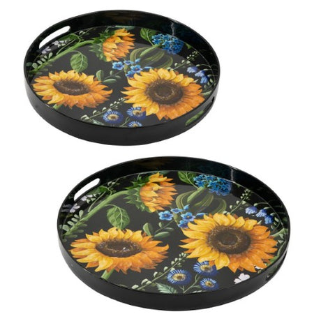 Bright sunflower-designed plastic trays in a set of 2, ideal for serving and home organization, lightweight and durable.