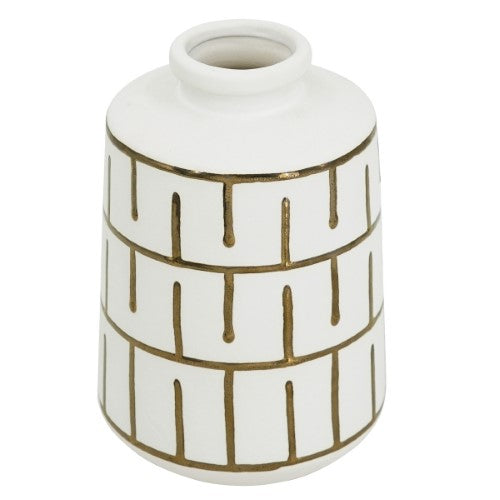 Ceramic white vase with clean lines, measuring 13x13x23.5 cm, perfect for modern and traditional home decor.