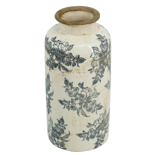 Elegant vintage vase with intricate floral patterns and antique white finish, perfect for showcasing flowers in any decor.