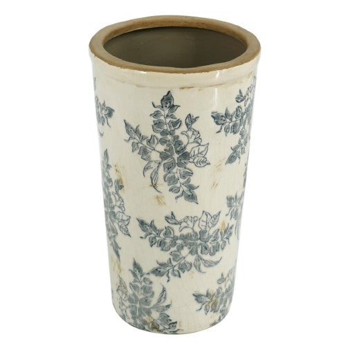 Vintage ceramic vase measuring 17.5 x 17.5 x 30.5cm, featuring intricate floral patterns and an antique-inspired design.