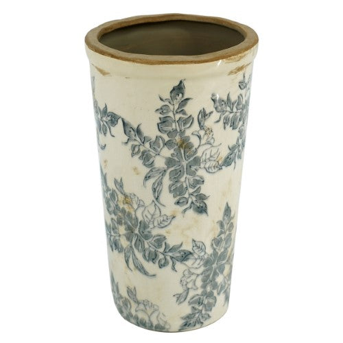 Vintage ceramic vase with floral design and copper accents, perfect for flowers or as a standalone decor piece.